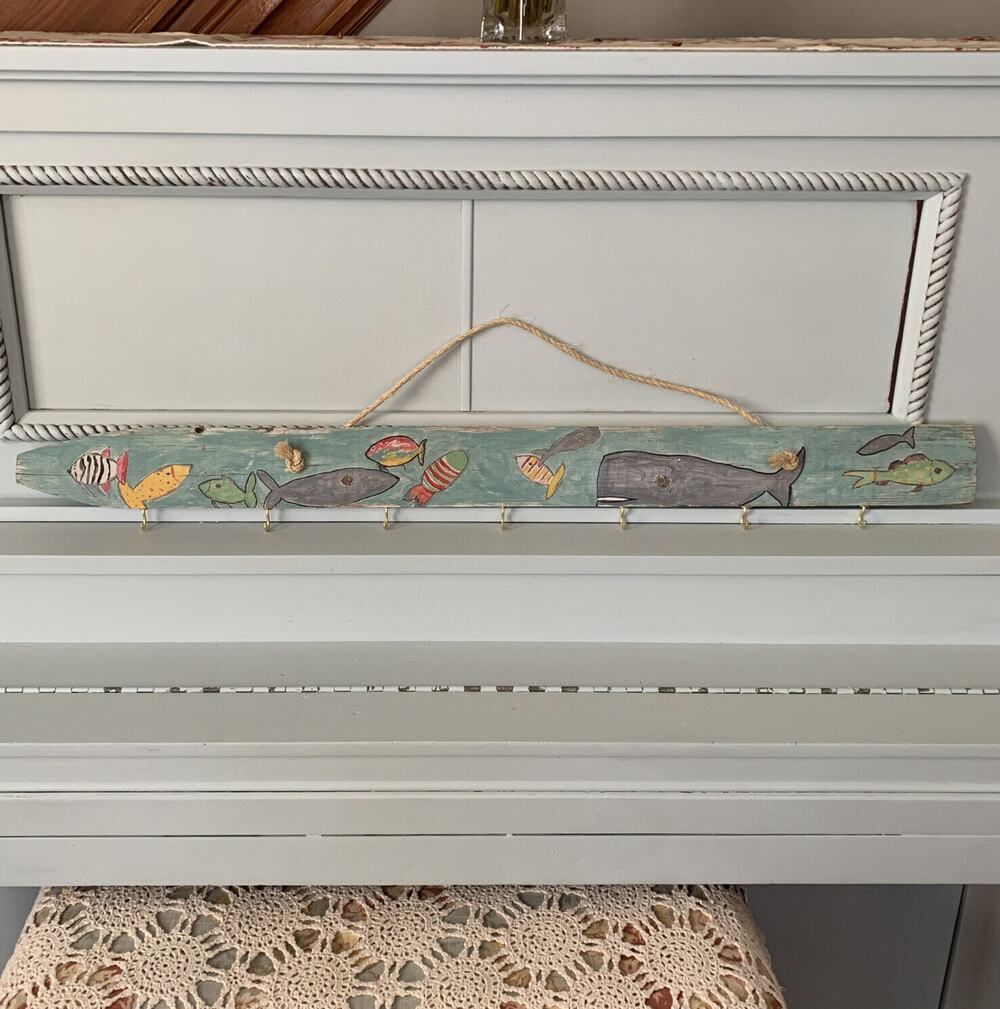 ReFab Wall Hanging Hooks Handpainted Fish 40"l x 3.5"h Upcycled Fence Post